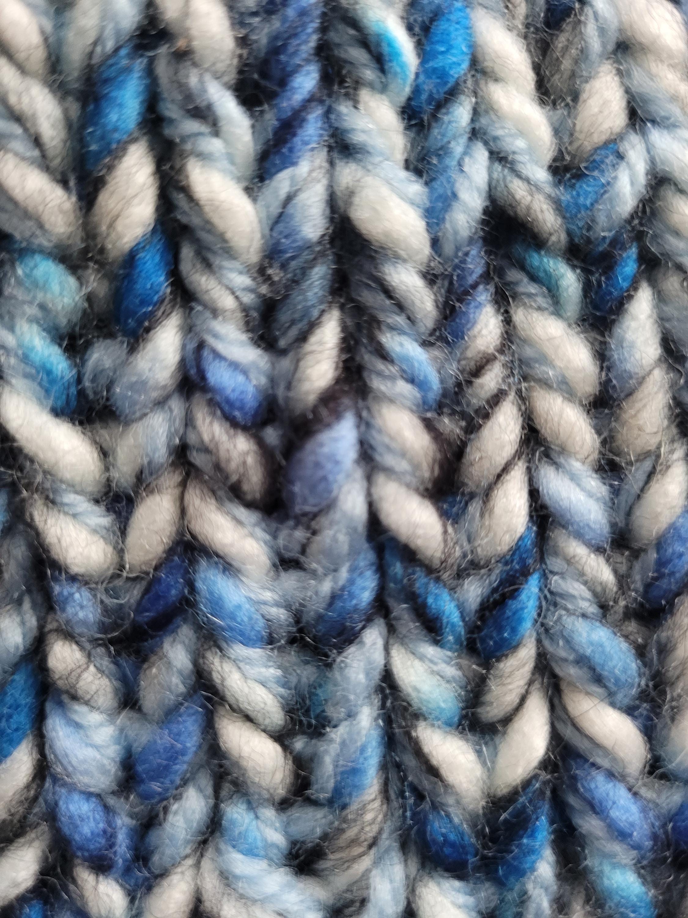 hand knitted beanie hat,  in blue,  grey and white, with wool, slouchy fit, size XL