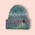 green, purple,  white ombre effect beanie hat,  with wool