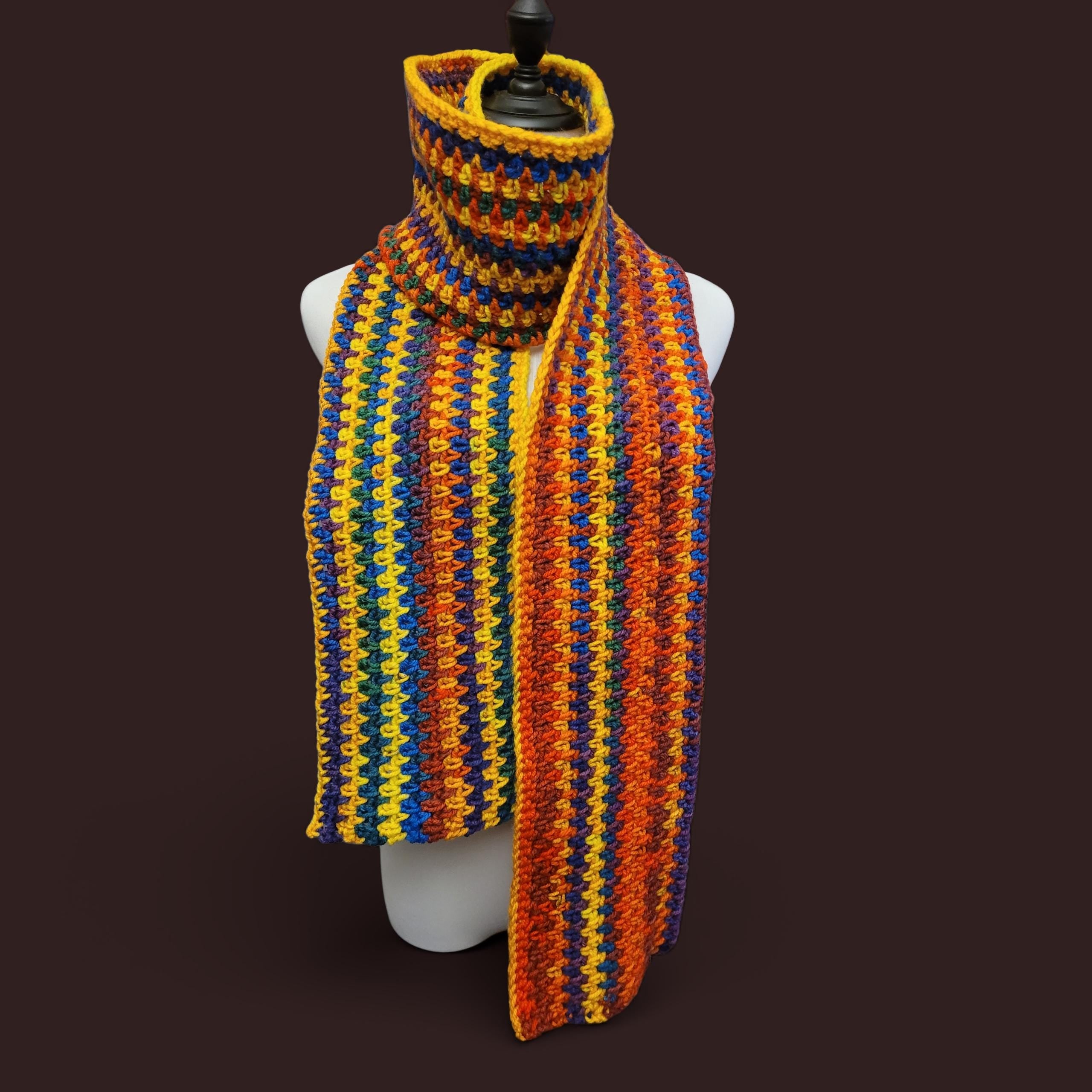 handmade crochet scarf, bright colours, yellow, red, blue, purple and green  acrylic