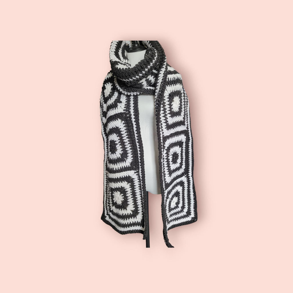 blanket scarf, long and wide, with merino wool, dark grey and off white, handmade