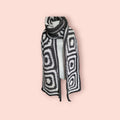 blanket scarf, long and wide, with merino wool, dark grey and off white, handmade