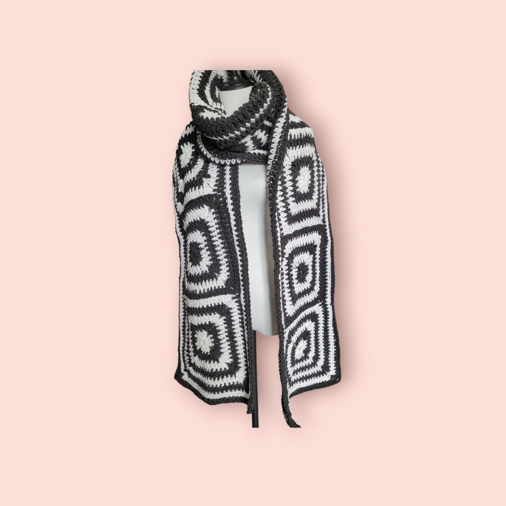 blanket scarf, long and wide, with merino wool, dark grey and off white, handmade