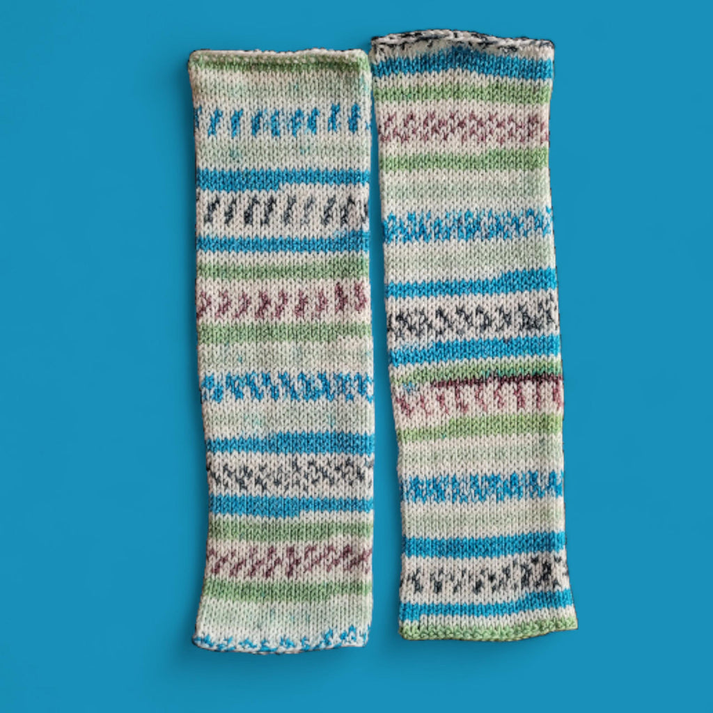 handmade leg warmers, fair isle effect, white, blue and green, acrylic