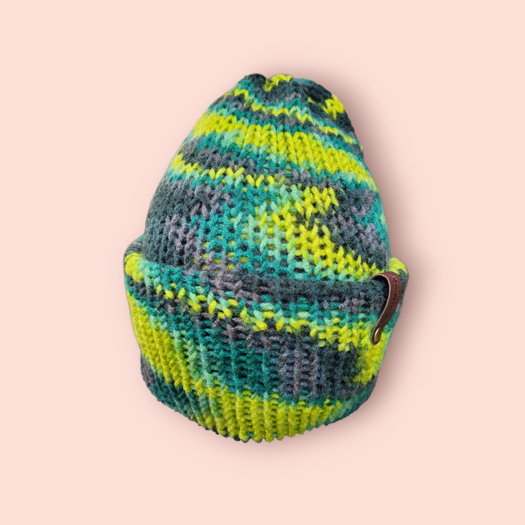 neon green, green and brown beanie hat