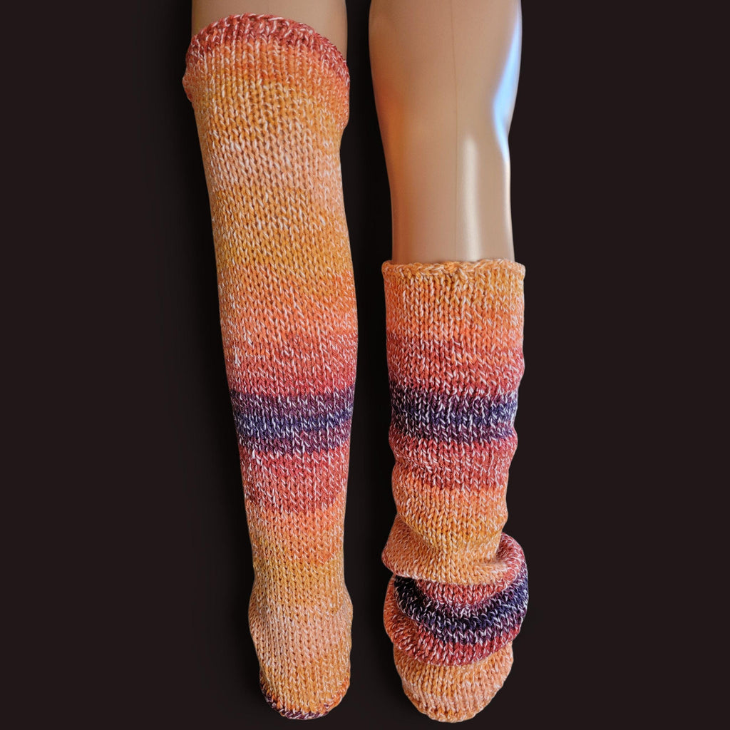 handmade leg warmers, sunset, ombre orange to dark purple, with acrylic and cotton