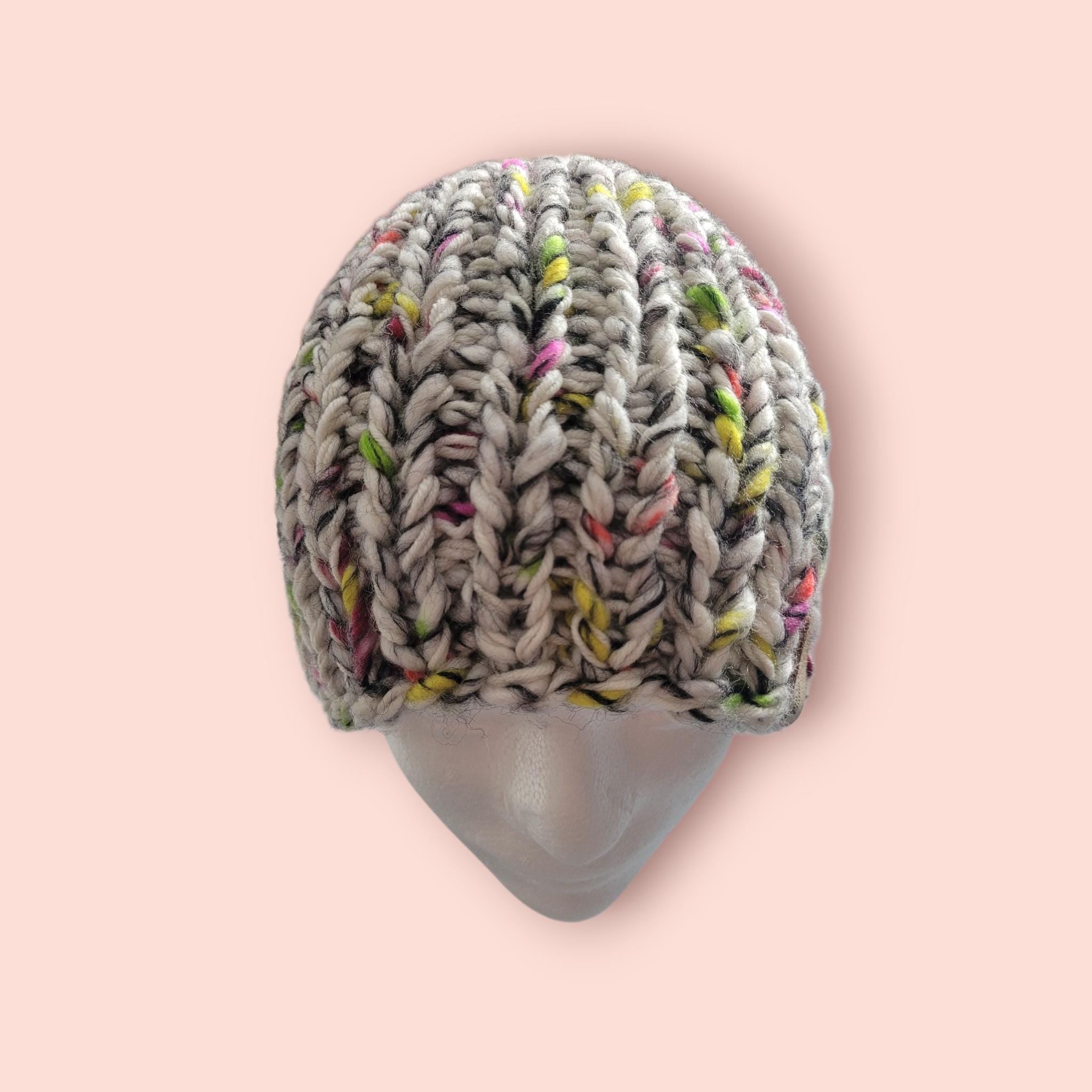 handmade knitted beanie hat, off white with splashes of colour, with merino wool, size L - XL