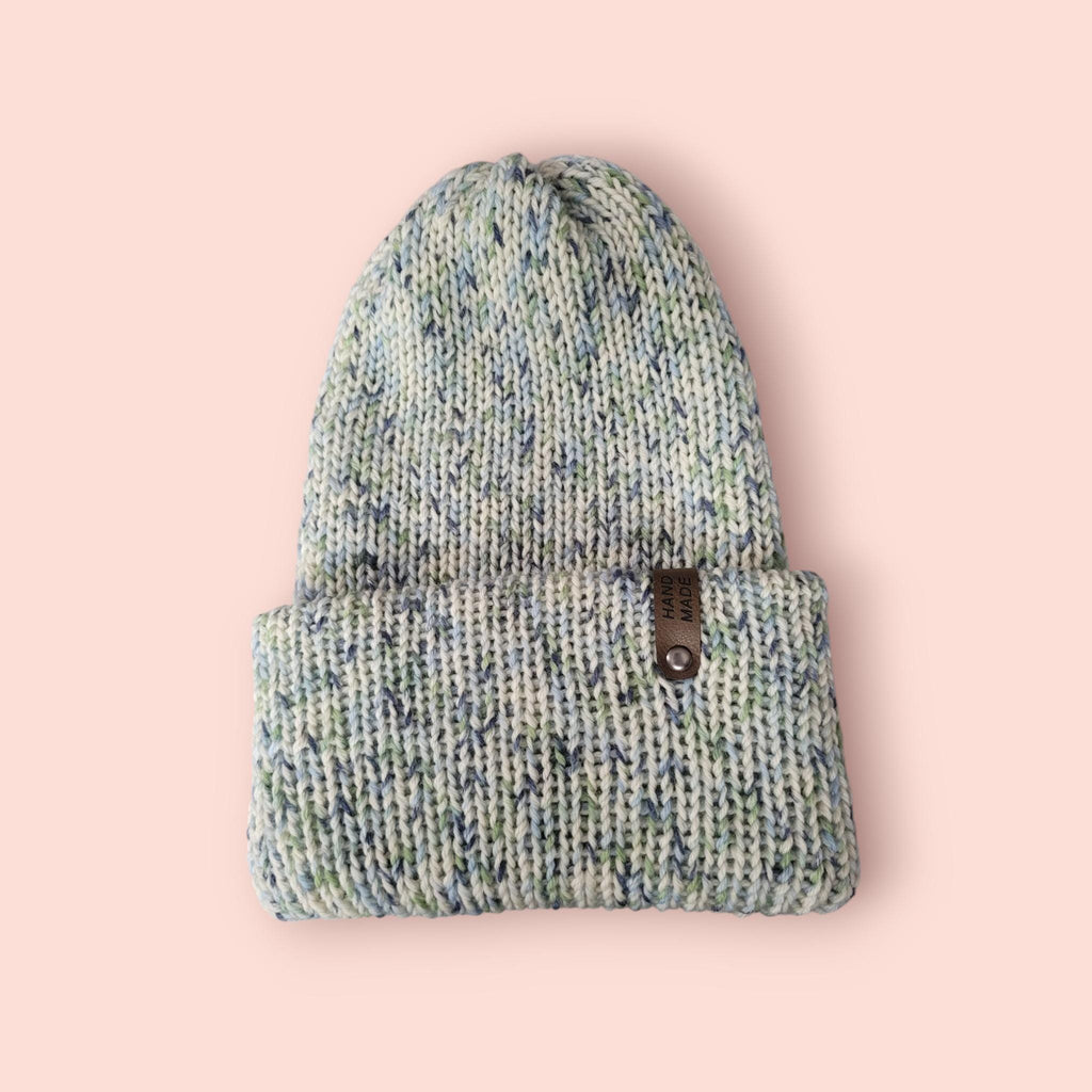 organic merino wool beanie hat, crem, green and blue. Very warm, perfect for winter activities,  breathable
