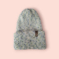 organic merino wool beanie hat, crem, green and blue. Very warm, perfect for winter activities,  breathable