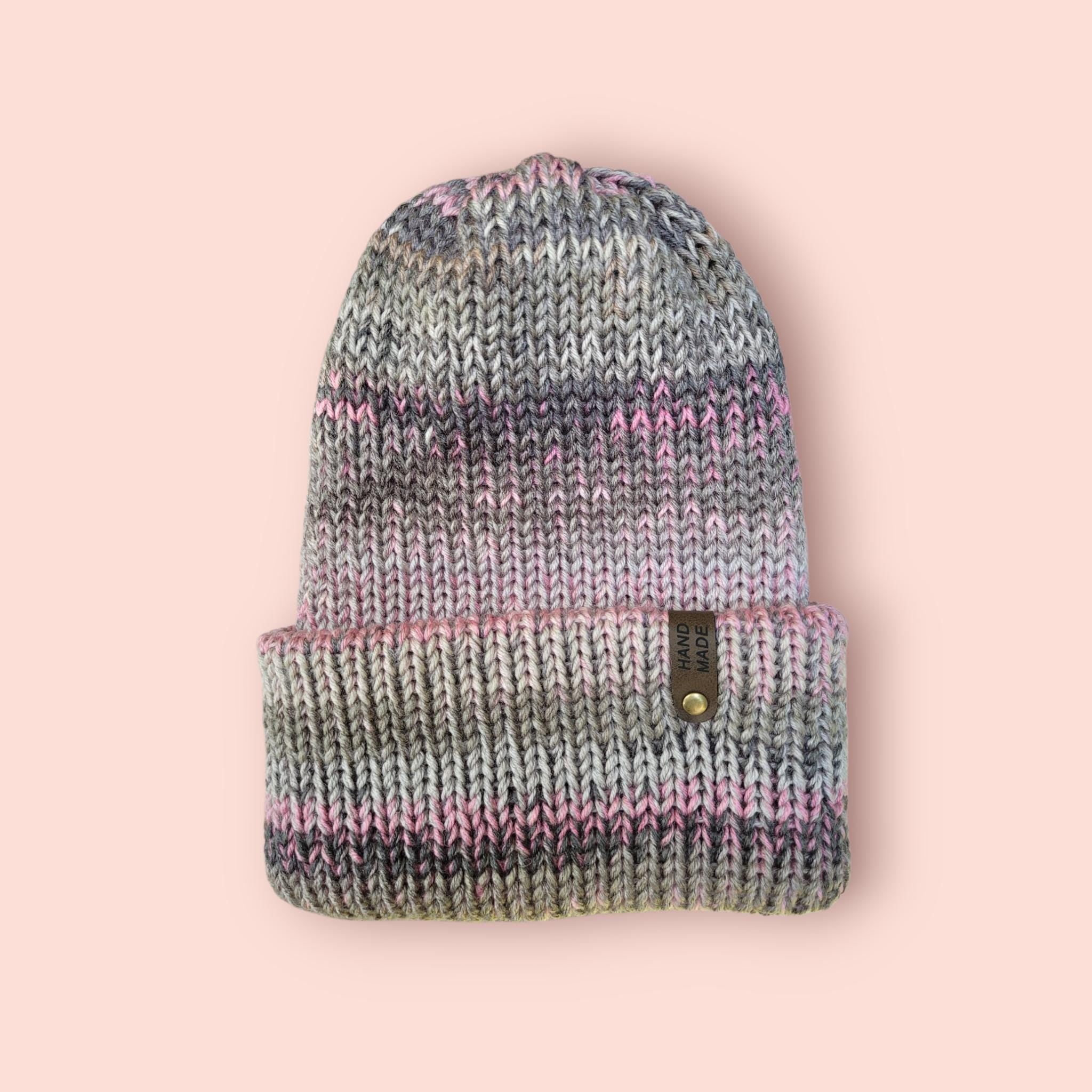 pink and grey ombre effect beanie hat,  with merino wool,  silky touch