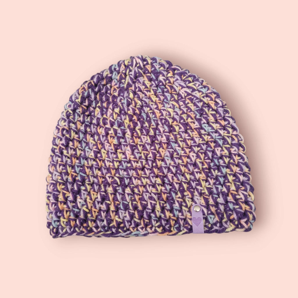 purple and rainbow beanie hat, handmade,  crochet, acrylic and wool