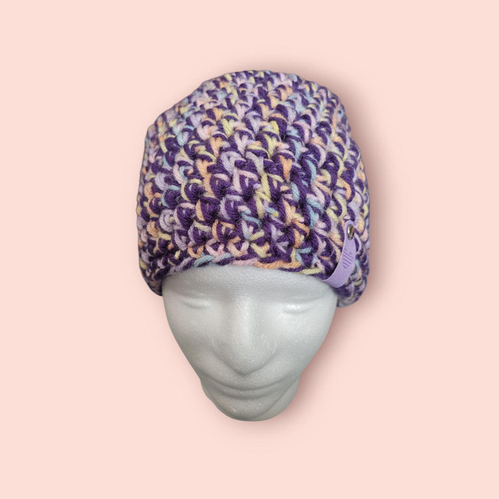 purple and rainbow beanie hat, handmade,  crochet, acrylic and wool